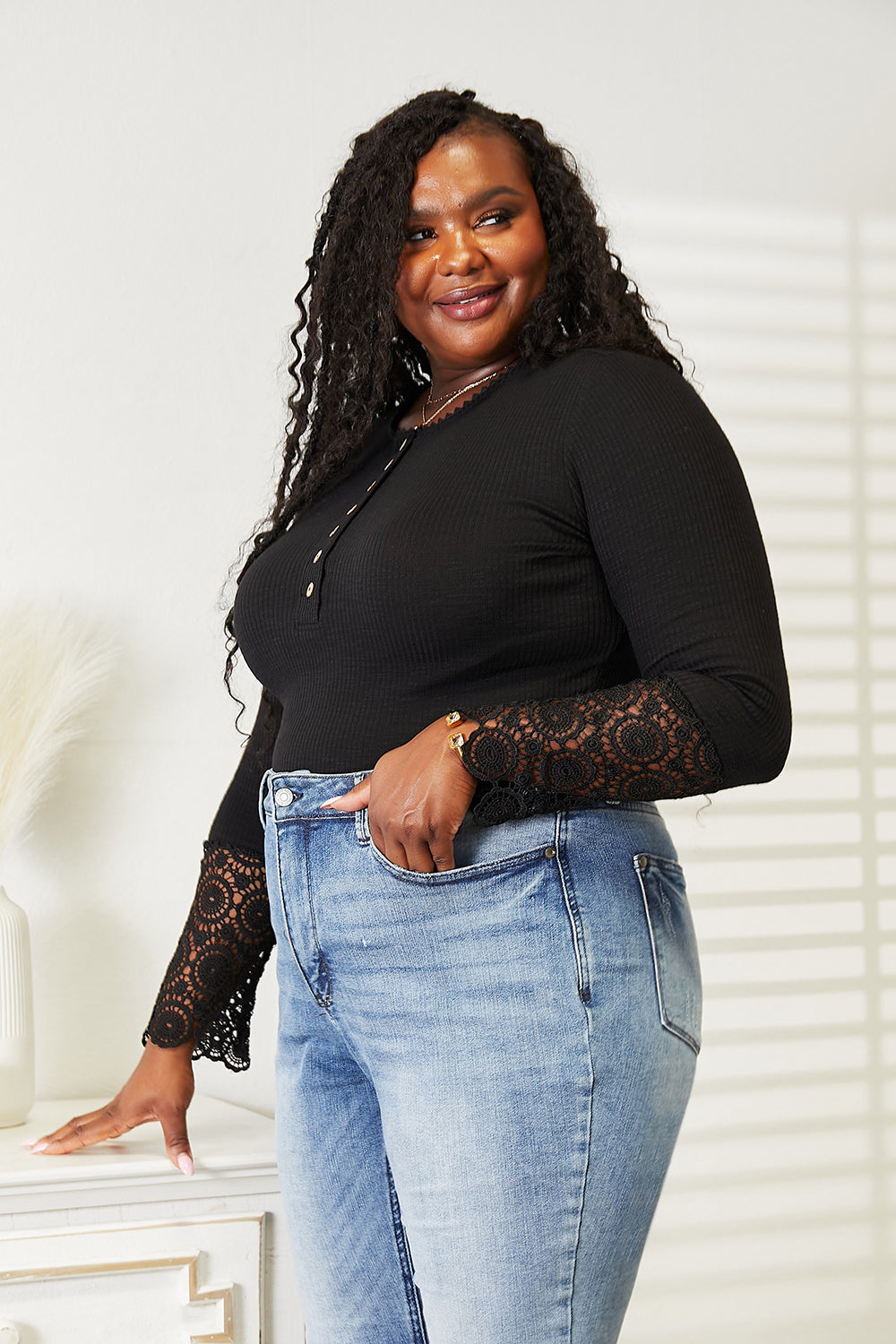 Double Take Crochet Lace Hem Sleeve Button Top - -