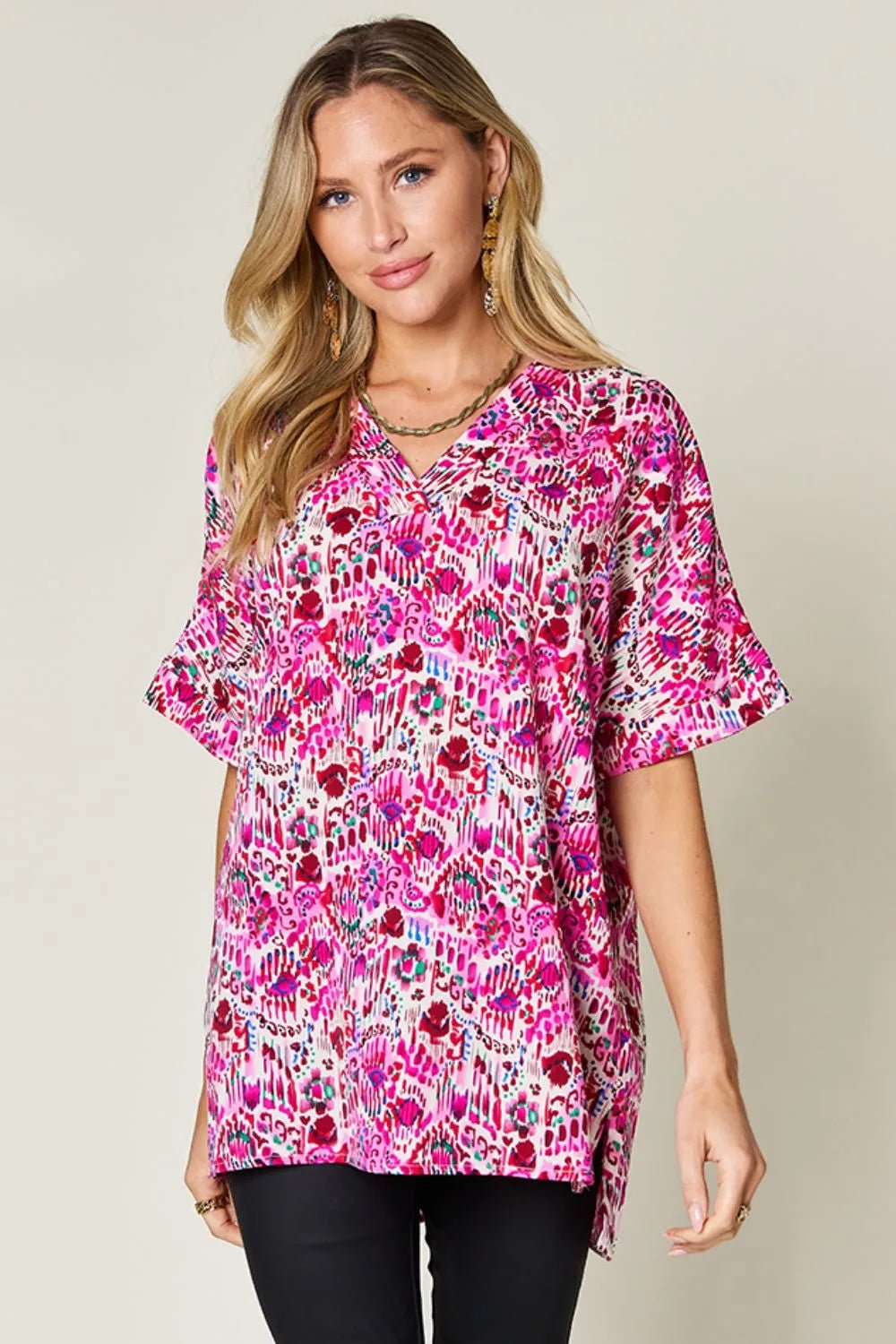 Double Take Full Size Printed V-Neck Short Sleeve Blouse - Pink -