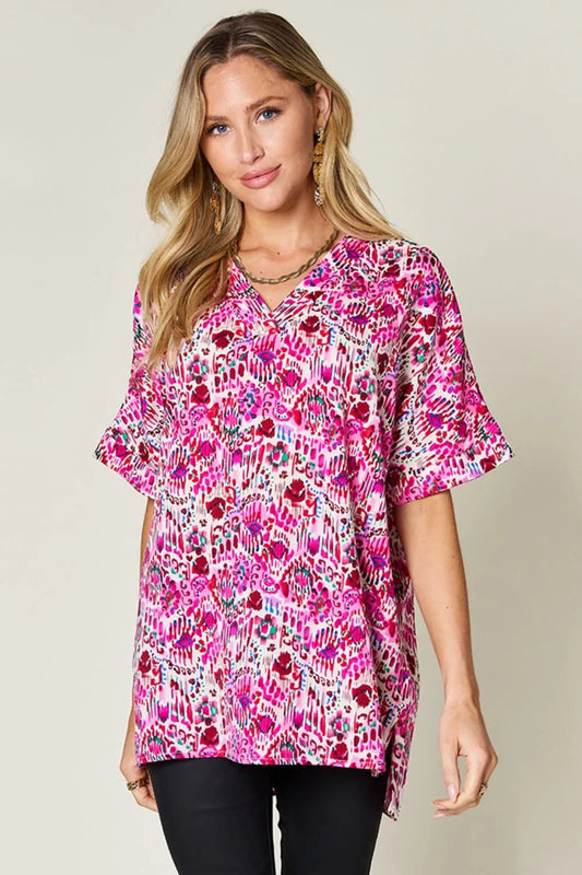 Double Take Full Size Printed V-Neck Short Sleeve Blouse - Pink -