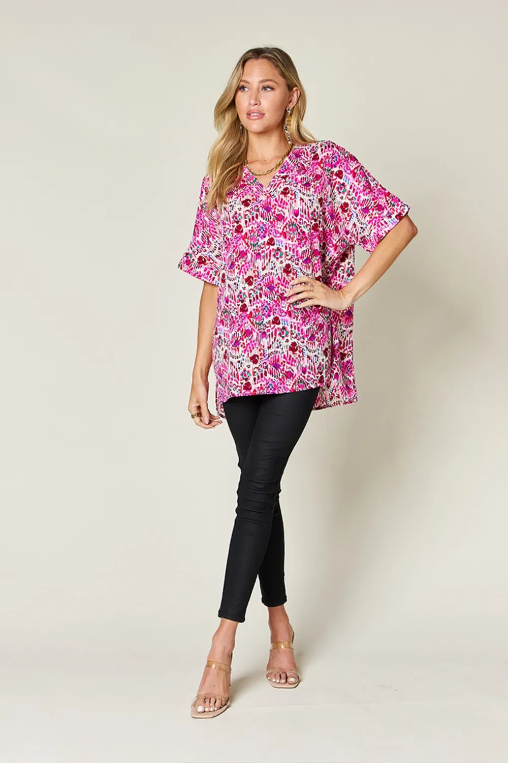 Double Take Full Size Printed V-Neck Short Sleeve Blouse - -