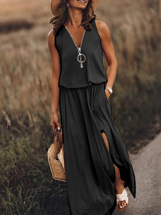 Full Size Half Zip Sleeveless Maxi Dress with Side Slit Plus Size – | Shannon’s Chique Boutique