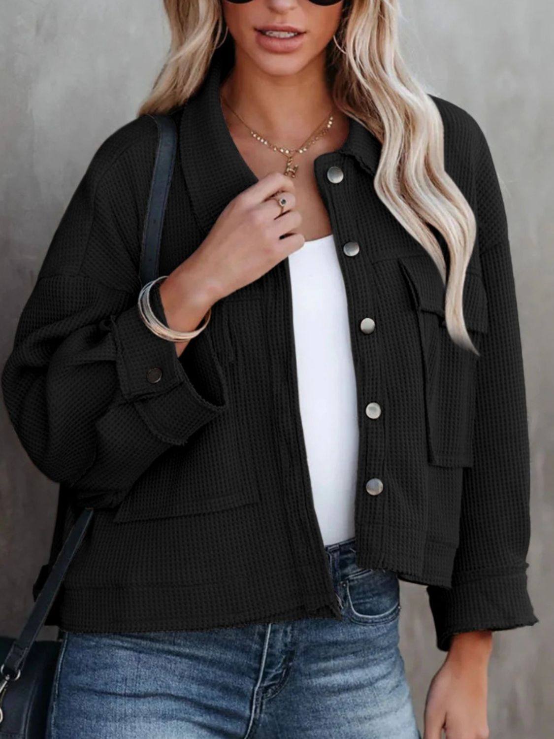 Button Up Long Sleeve Jacket - -