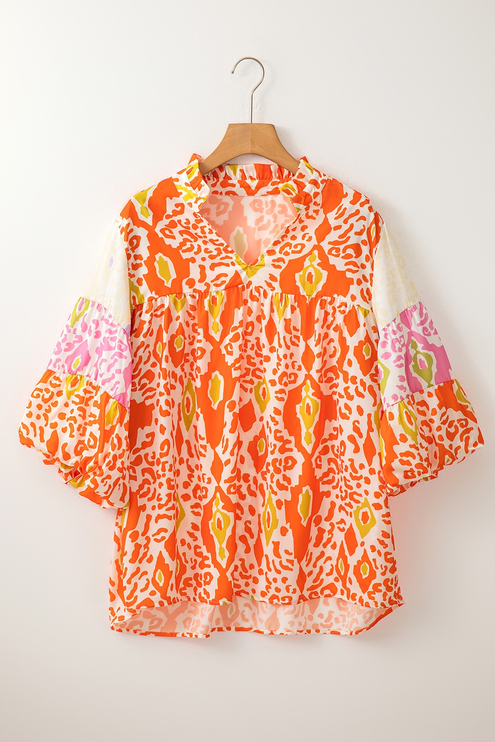 Printed Notched Half Sleeve Blouse - -