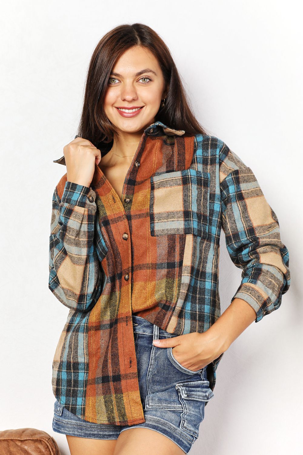 Double Take Plaid Curved Hem Shirt Jacket with Breast Pockets - -
