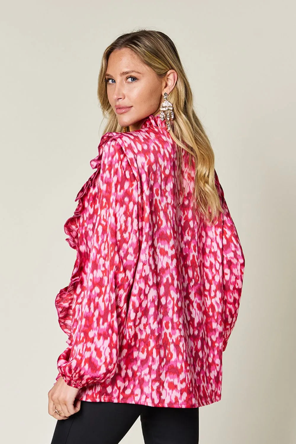 Double Take Full Size Printed Ruffle Trim Balloon Sleeve Shirt - -