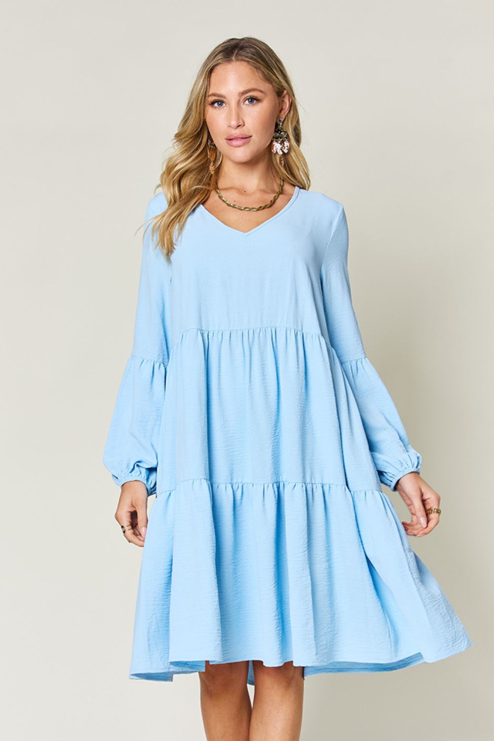 Double Take Full Size V-Neck Balloon Sleeve Tiered Dress with Pockets - Light Blue -