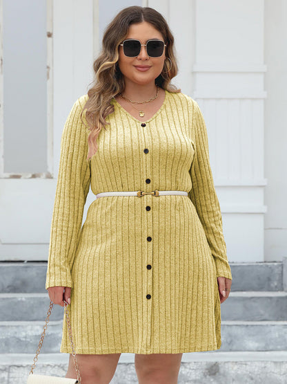 Plus Size Ribbed Buttoned V-Neck Long Sleeve Dress - Banana Yellow -