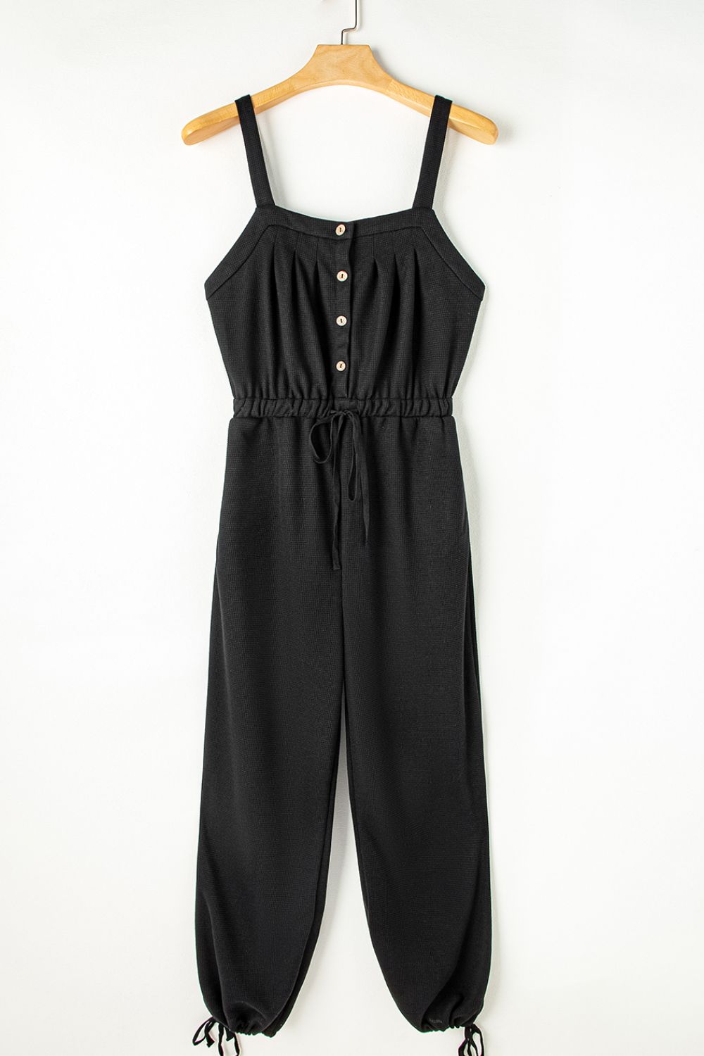 Knotted Straps Button Textured Drawstring Jumpsuit - -