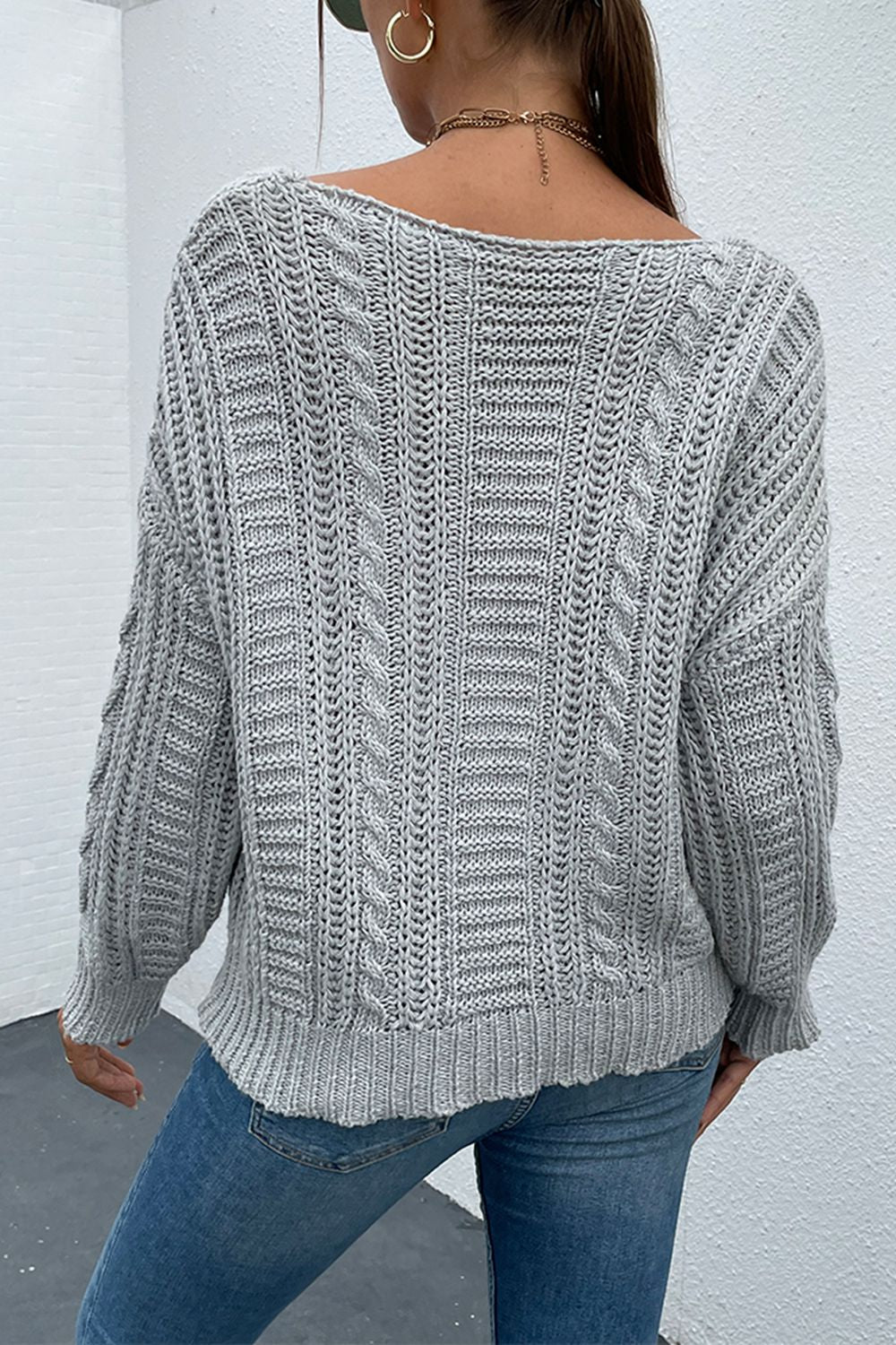 V-Neck Cable-Knit Long Sleeve Sweater