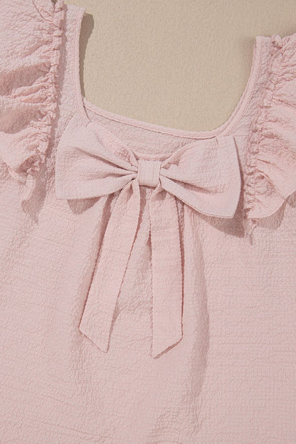 Textured Bow Knot Frilled Butterfly Sleeve Blouse - -
