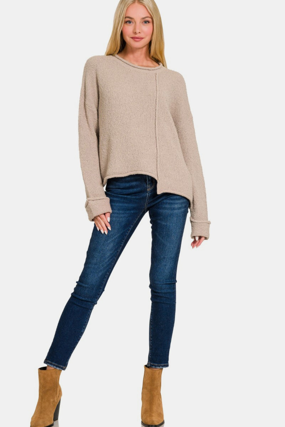 Zenana Asymmetric Hem Drop Shoulder Sweater