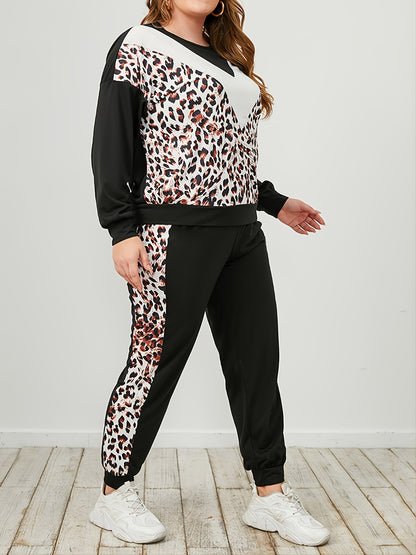Plus Size Leopard Sweatshirt and Sweatpants Set - -
