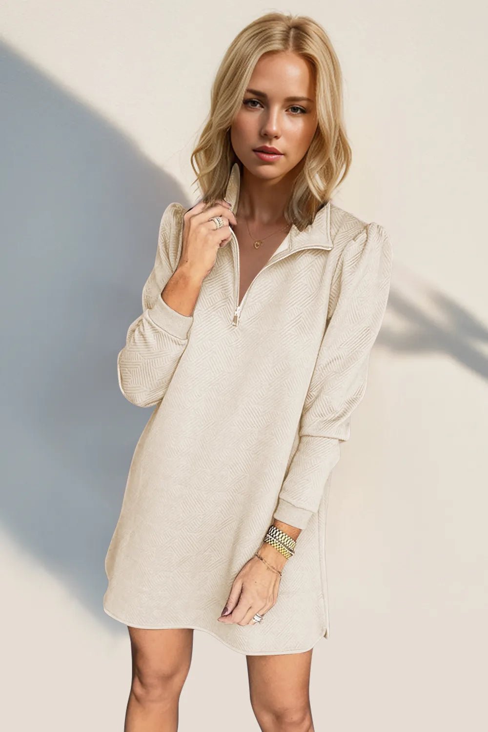 Double Take Textured Quarter Zip Long Sleeve Dress - Dust Storm -