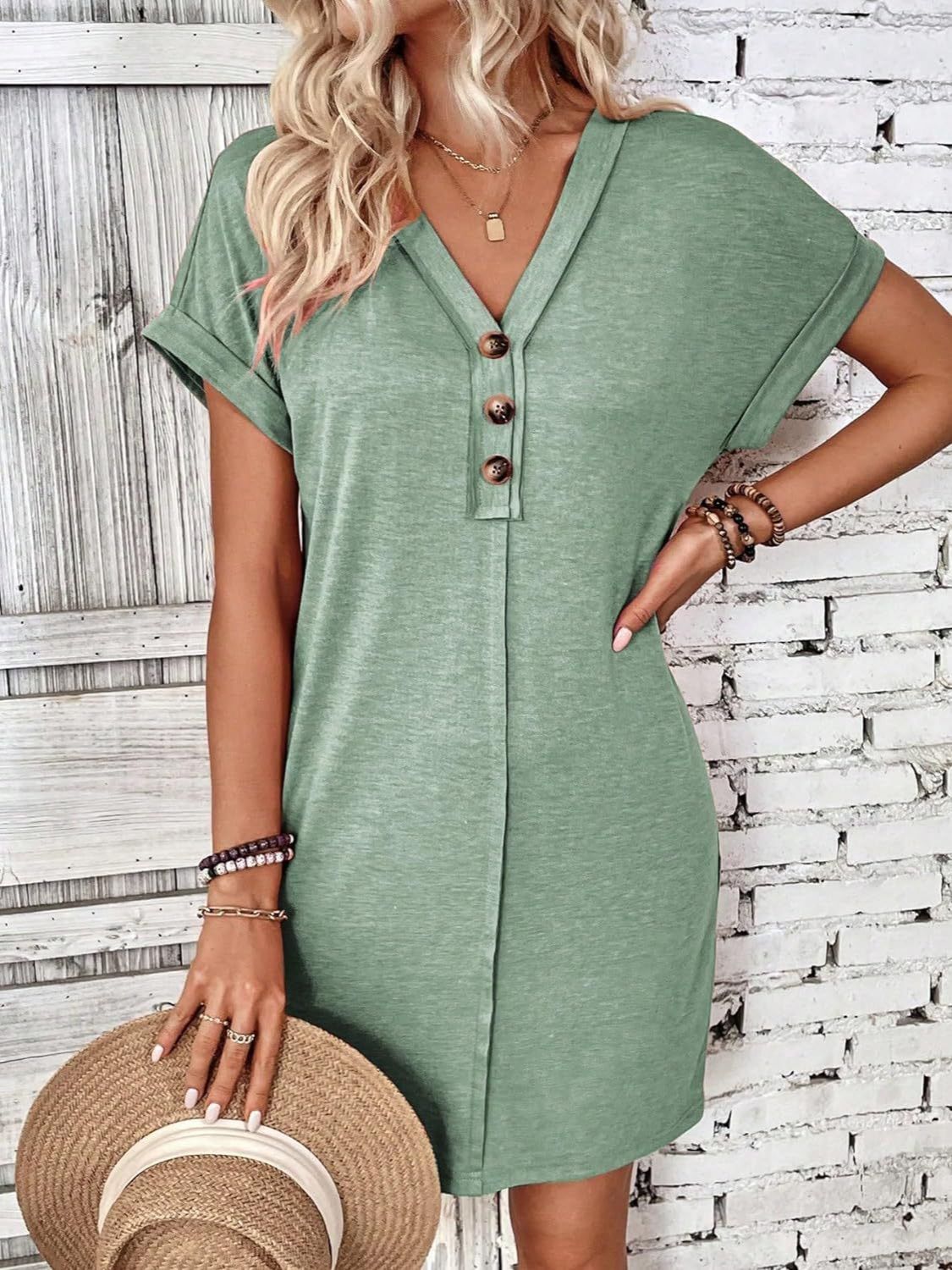 Quarter Button V-Neck Short Sleeve Dress - -