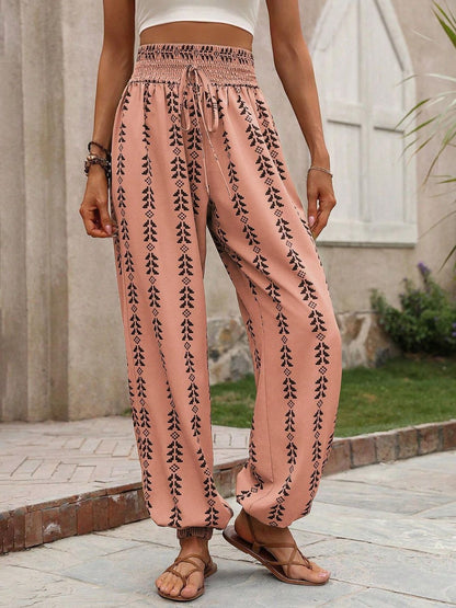 Tied Printed High Waist Pants - -