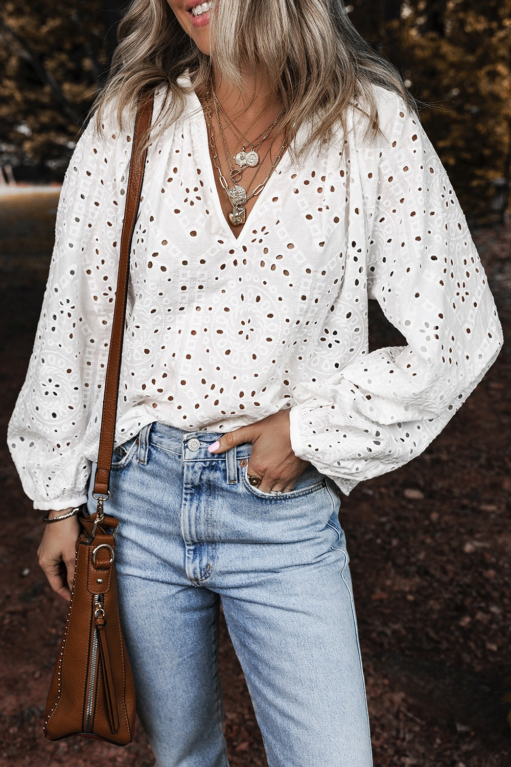 Eyelet V-Neck Long Sleeve Blouse - White -