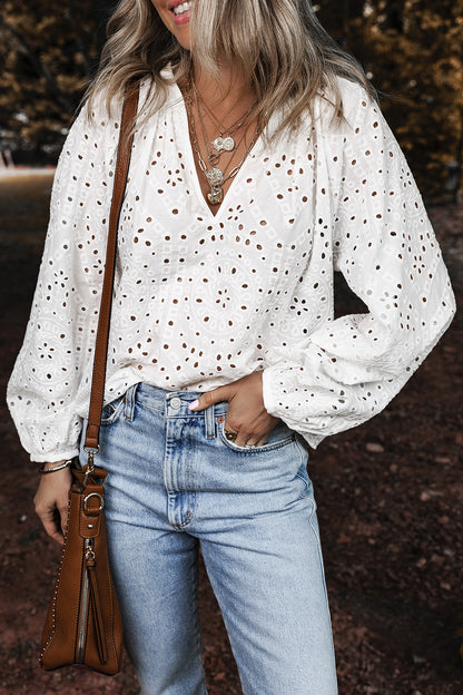 Eyelet V-Neck Long Sleeve Blouse - White -