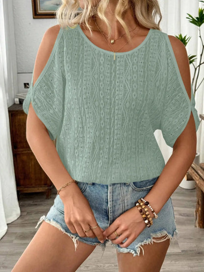 Eyelet Cold Shoulder Round Neck Blouse - -