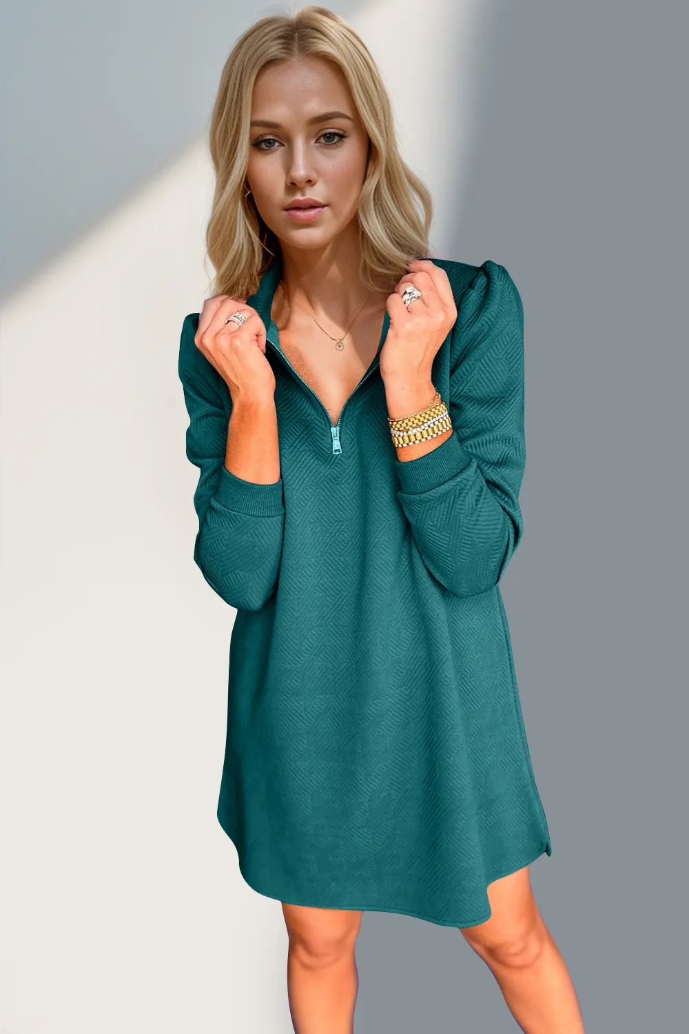 Double Take Textured Quarter Zip Long Sleeve Dress - -