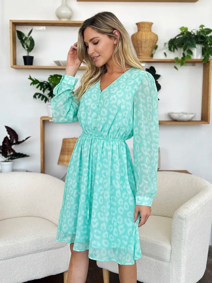 Double Take Full Size Printed Ruched V - Neck Long Sleeve Dress – | Shannon’s Chique Boutique