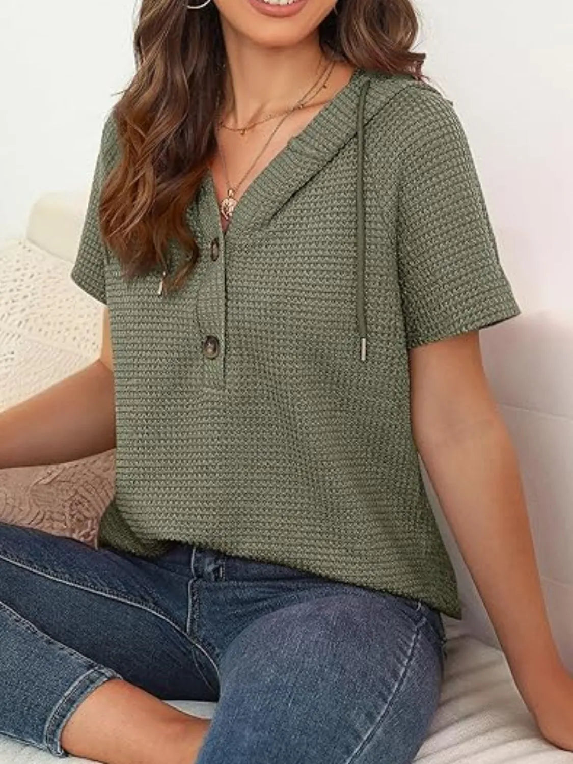 Drawstring Waffle-Knit Short Sleeve Hooded Top - -