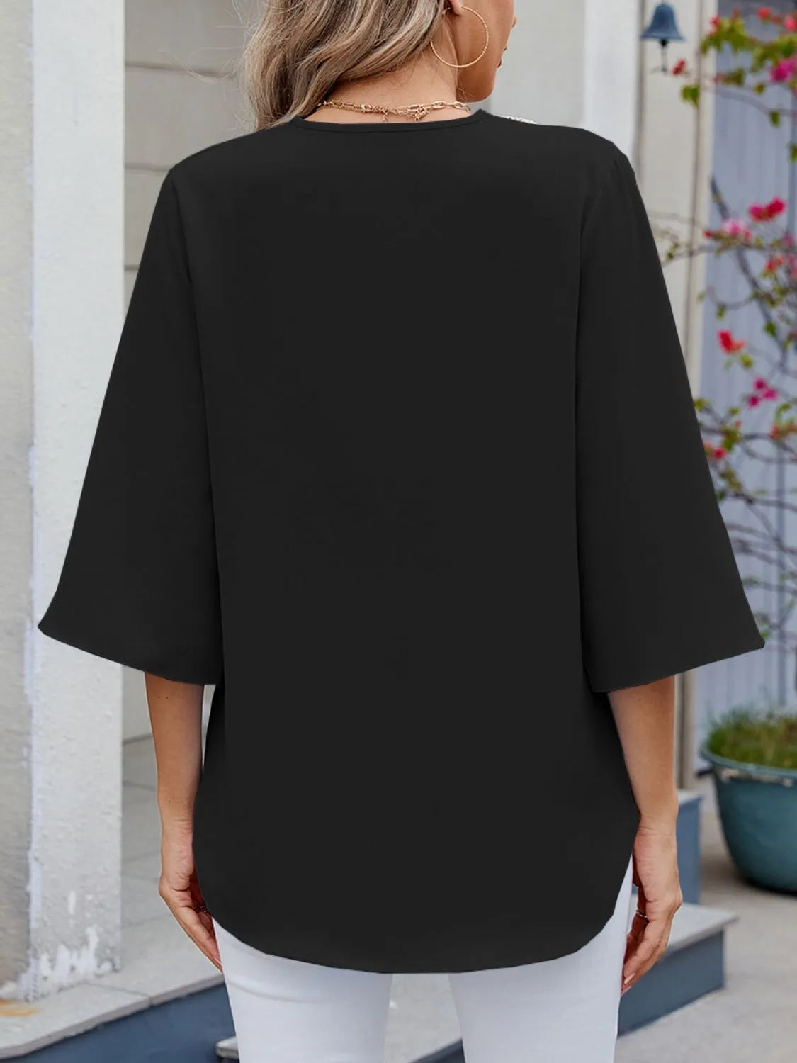 V-Neck 3/4 Sleeve Blouse - -