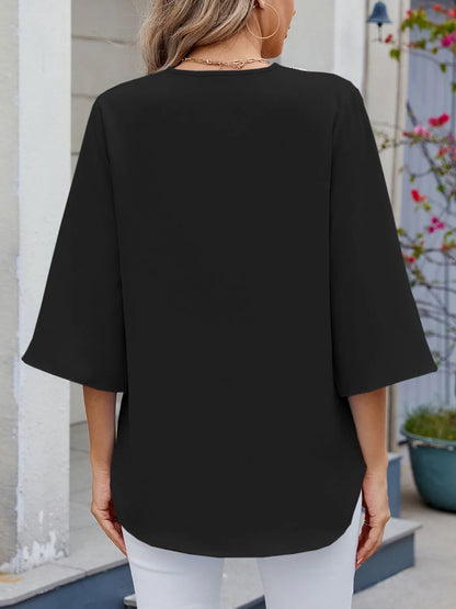 V-Neck 3/4 Sleeve Blouse - -