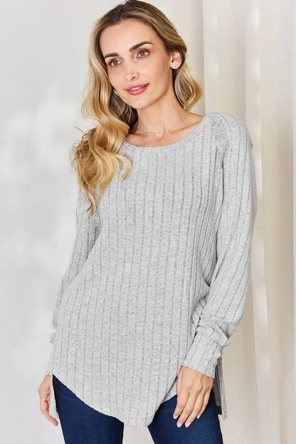 Basic Bae Full Size Ribbed Round Neck Slit T-Shirt - Light Gray -