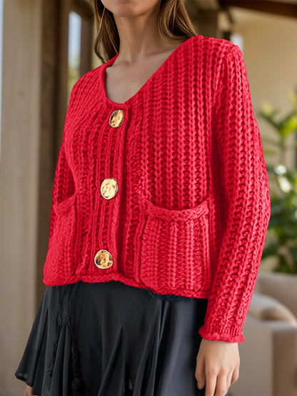 Chunky Knit Button-Down Cardigan – Gold Accent & Soft Texture - Deep Red -