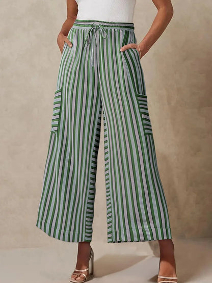 Contrast Striped Wide leg Pants - Dark Green -