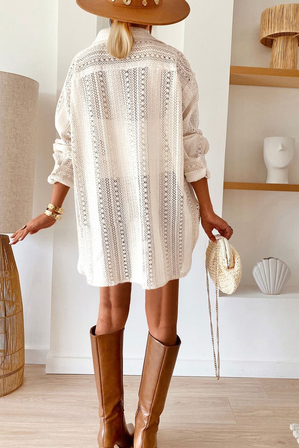 Lace Crochet Collared Neck Oversized Shirt - -