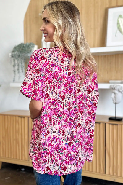Double Take Full Size Printed V-Neck Short Sleeve Blouse - -