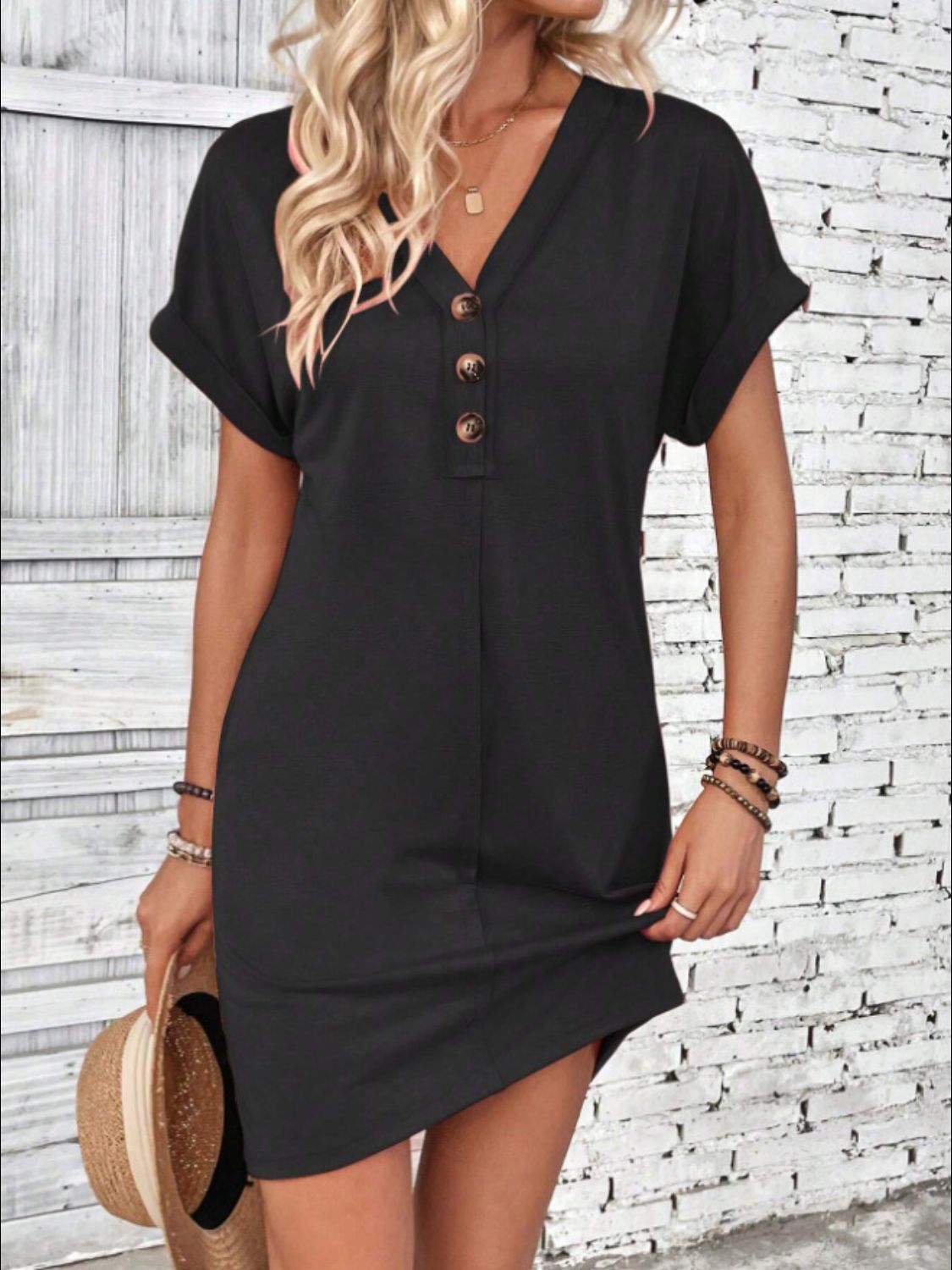 Quarter Button V-Neck Short Sleeve Dress - Black -