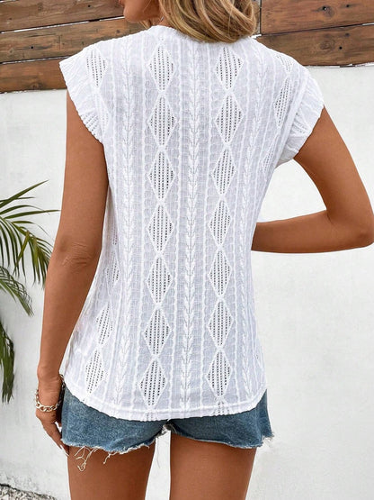 Eyelet Round Neck Cap Sleeve Top - -