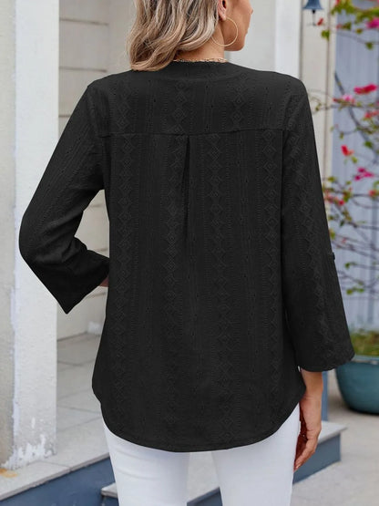 Eyelet Notched Roll-Tab Sleeve Top - -