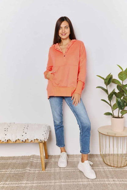 Double Take Quarter-Snap Dropped Shoulder Hoodie - -