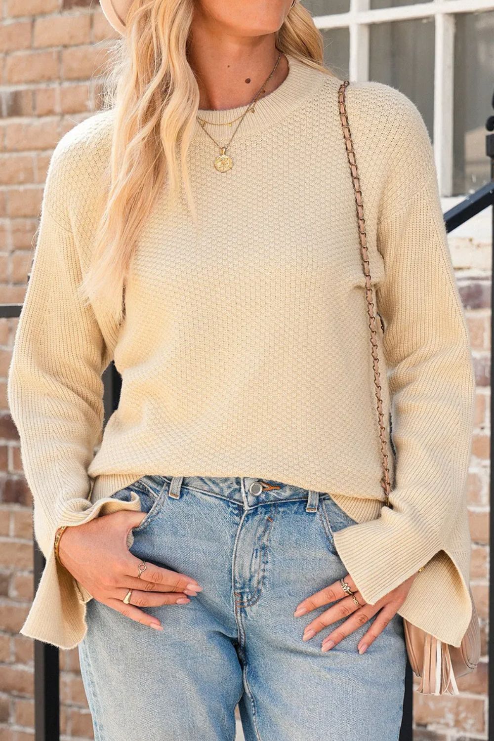 Textured Round Neck Long Sleeve Sweater - -