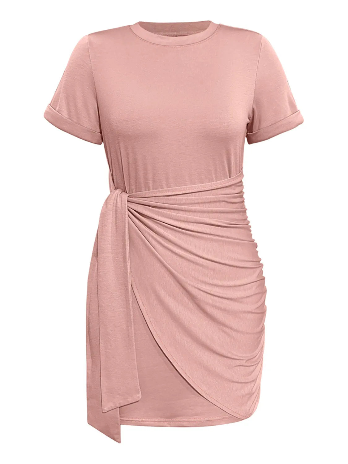 Round Neck Short Sleeve Mini Tee Dress - -