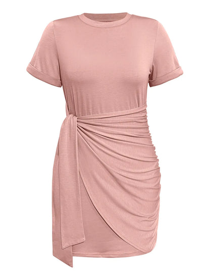 Round Neck Short Sleeve Mini Tee Dress - -