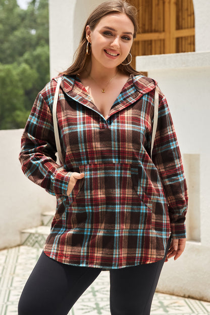 Plus Size Drawstring Plaid Quarter Button Hoodie - -