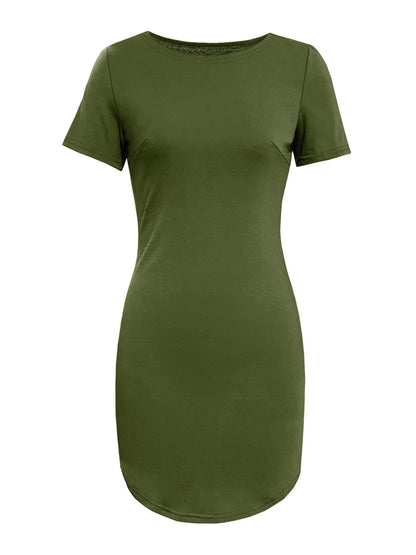 Round Neck Short Sleeve Mini Tee Dress - -