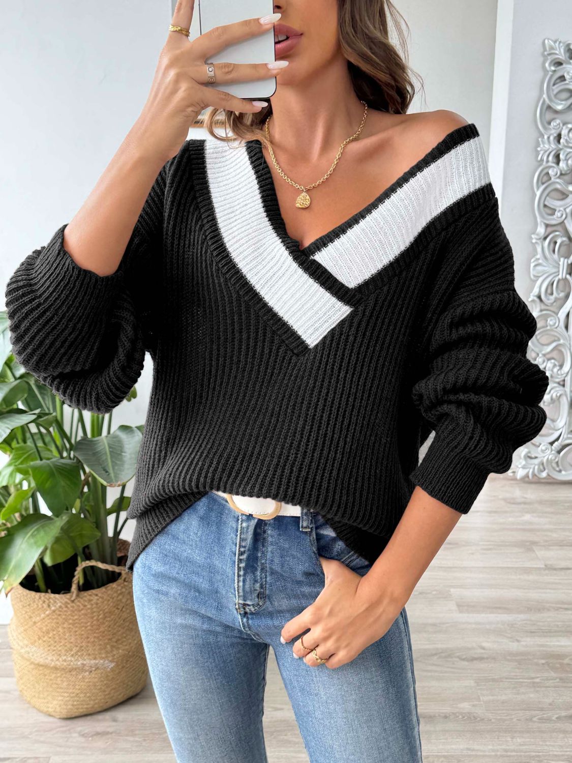 Contrast Dropped Shoulder Long Sleeve Sweater - -