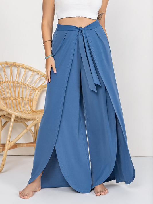 Plus Size Tied Slit Wide Leg Pants - Dusty Blue -