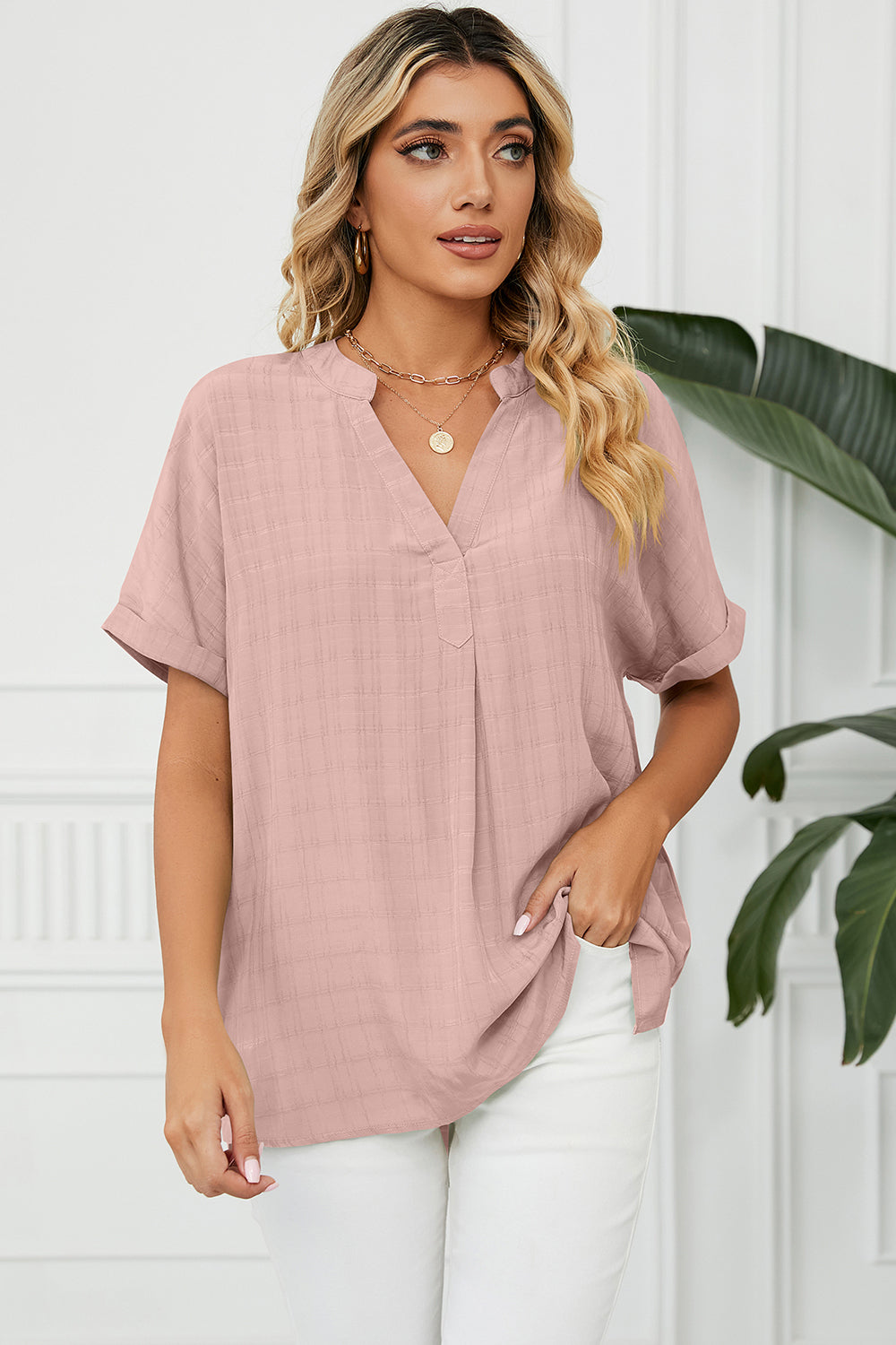 Ruched Notched Short Sleeve Blouse