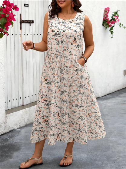 Pretty Chique Boutique Dress – Plus Size Floral Tank Dress with Pockets - -