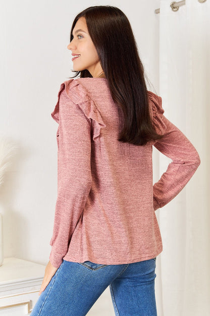 Double Take Square Neck Ruffle Shoulder Long Sleeve T-Shirt - -