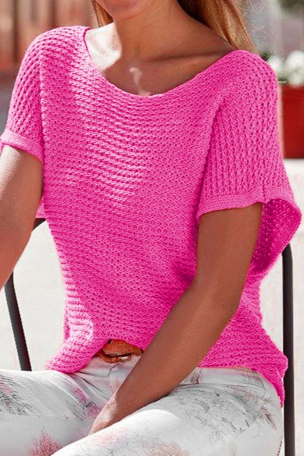 Boat Neck Short Sleeve Sweater - -