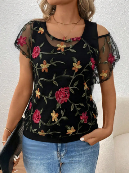 Floral Short Sleeve Sheer Top - -