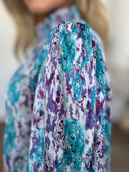 Double Take Full Size Printed Smocked Long Sleeve Blouse - -