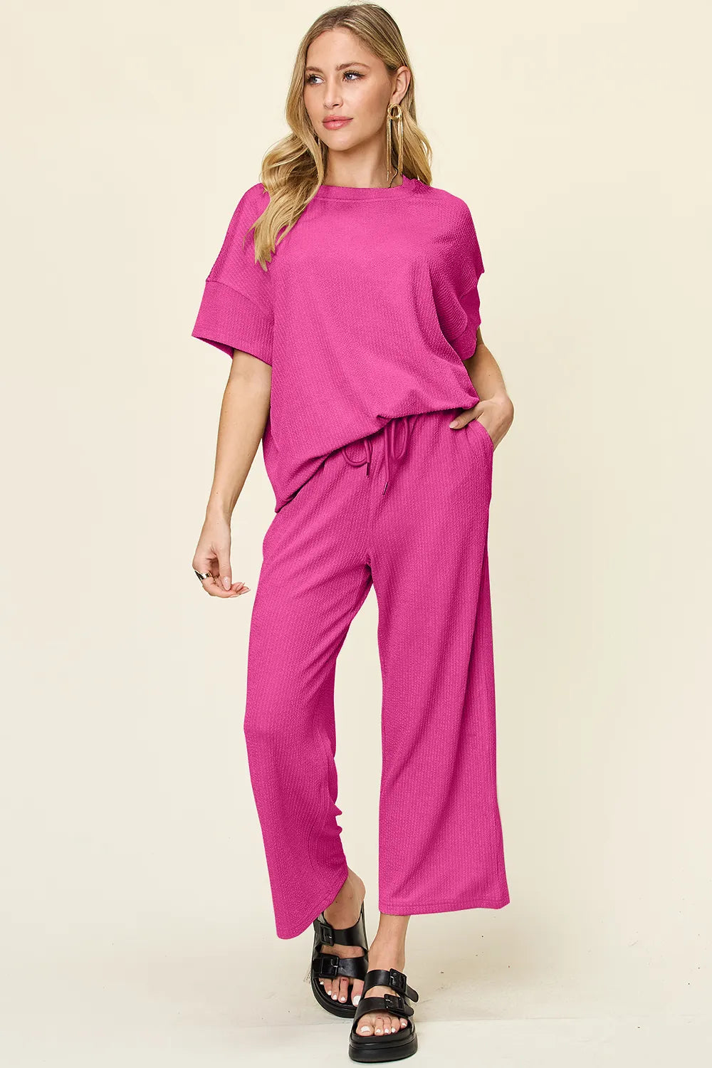 Double Take Full Size Texture Round Neck Short Sleeve T-Shirt and Wide Leg Pants - -